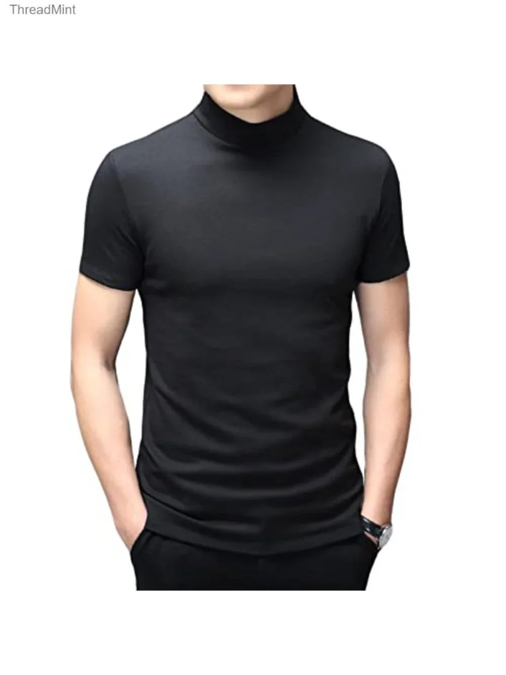 Slim Fit Mock Turtleneck Short Sleeve Tee Thermal Undershirt Cotton Spandex
